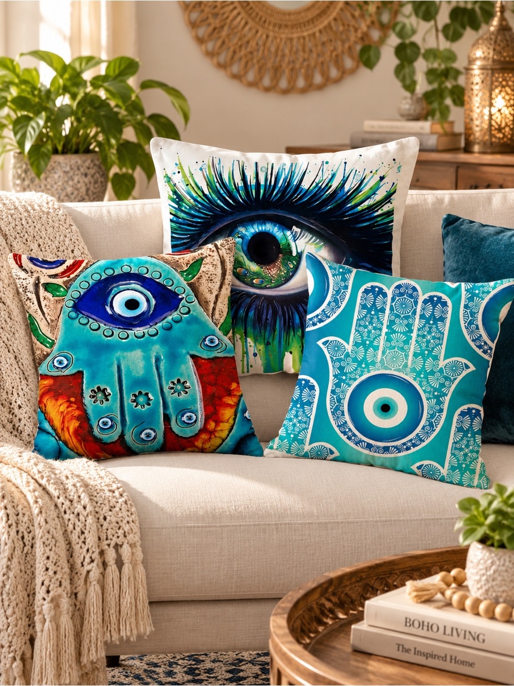 Set of 3 Hamsa Evil Eye Accent Pillow Covers 18x18 Boho Protection Decor